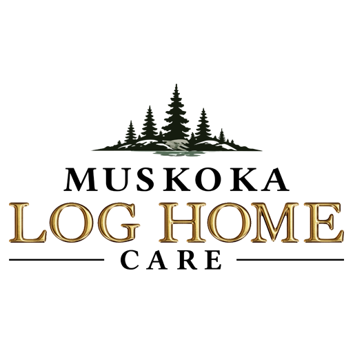 Gold 'LOG HOME' text with mountain silhouette background