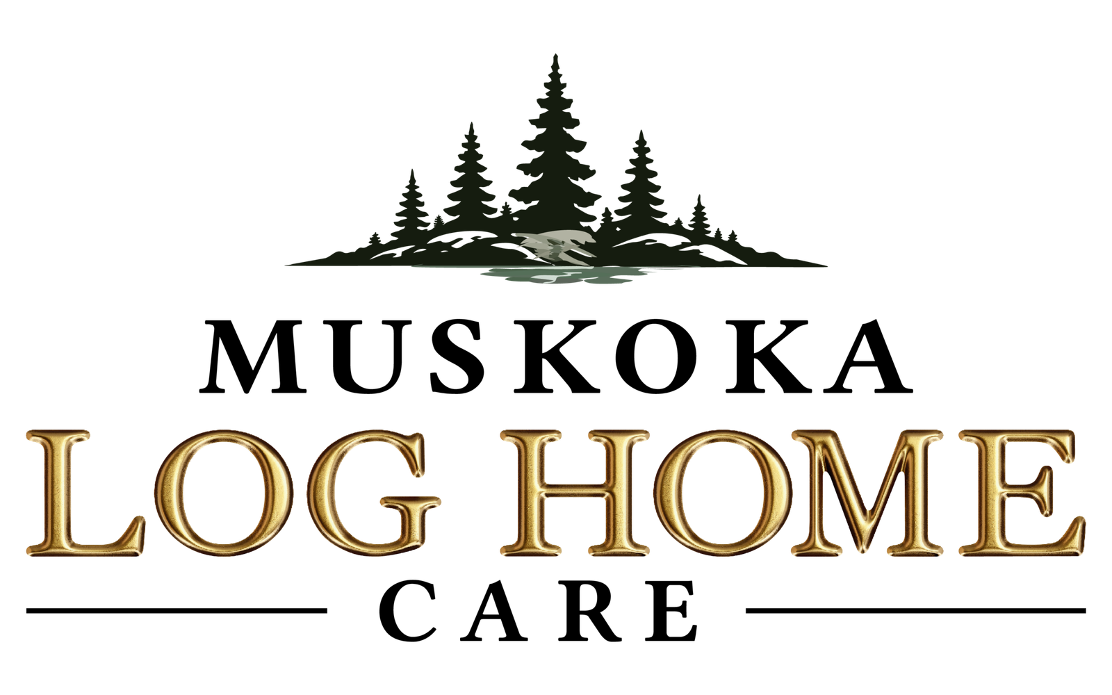 Logo with golden text 'Log Home' and pine trees illustration