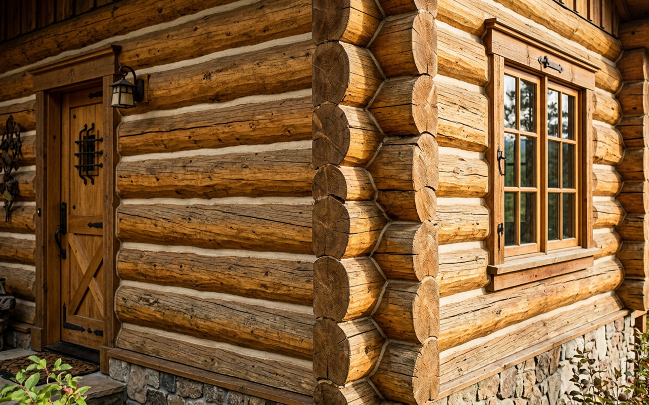 Rustic log cabin exterior with wooden door and window