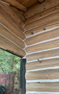 Recently built log cabin interior corner detail