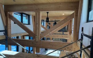 Modern timber framework in construction site interior