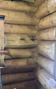 Interior view of rustic log cabin walls