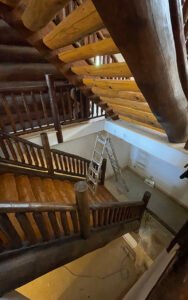 Interior view of modern wooden staircase construction