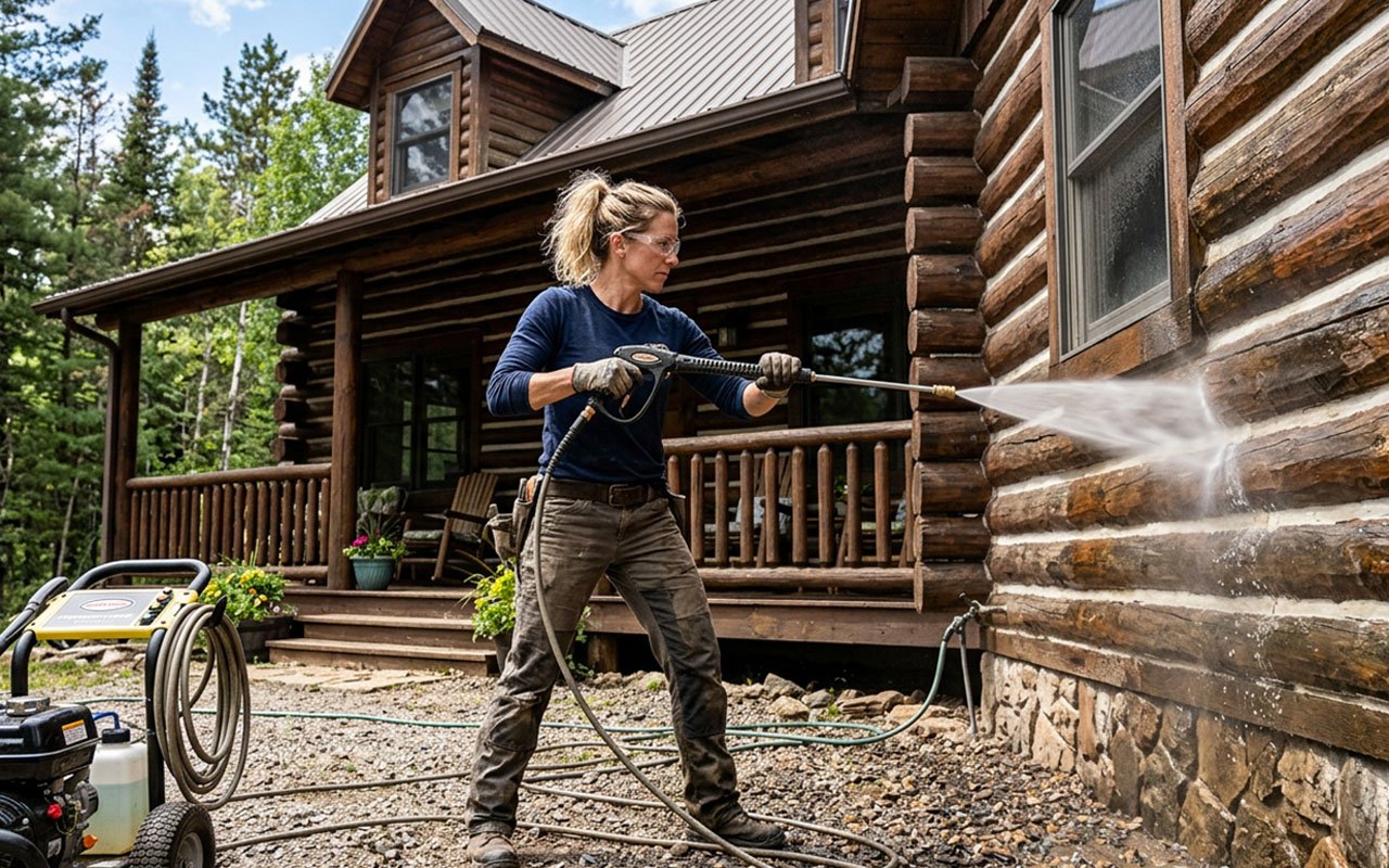 Person pressure washing a wooden cabin in a forest setting